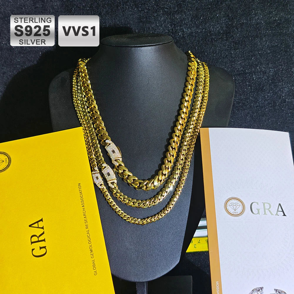 14K Gold Plated Moissanite Cuban Link Chain — S925 Sterling Silver