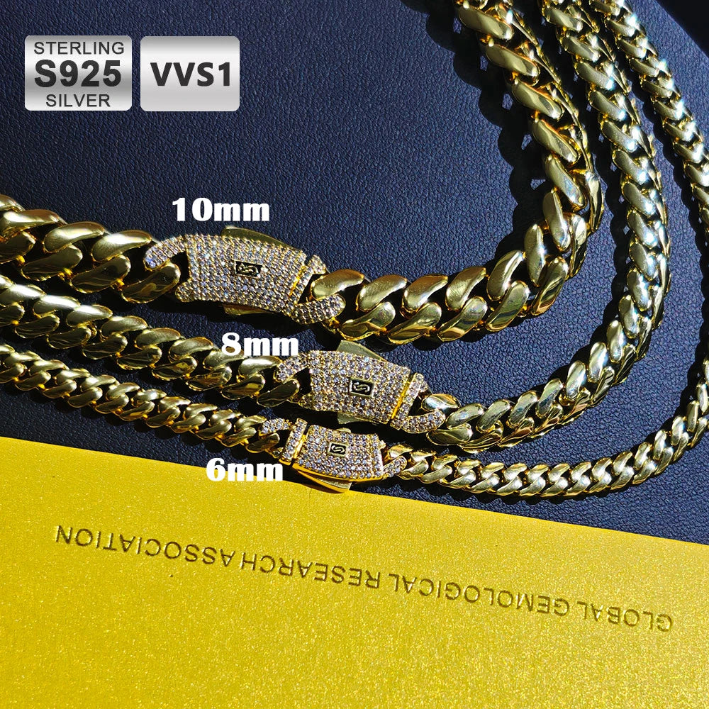 14K Gold Plated Moissanite Cuban Link Chain — S925 Sterling Silver